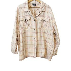HFX Pink Orange Cream Plaid‎ Snap Up Long Sleeve Shacket Jacket Women’s Size XXL